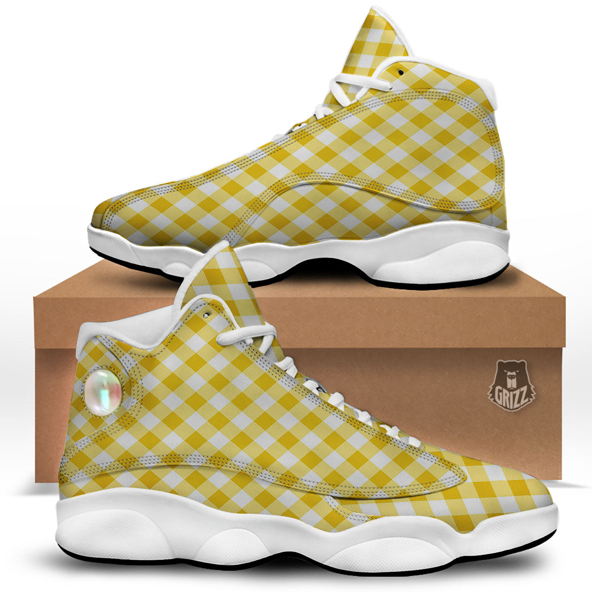 White Gingham And Yellow Honey Print White Basketball Shoes-grizzshop