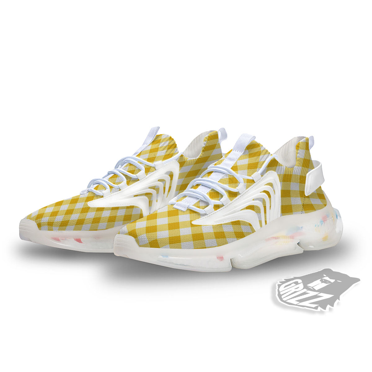 White Gingham And Yellow Honey Print White Gym Shoes-grizzshop