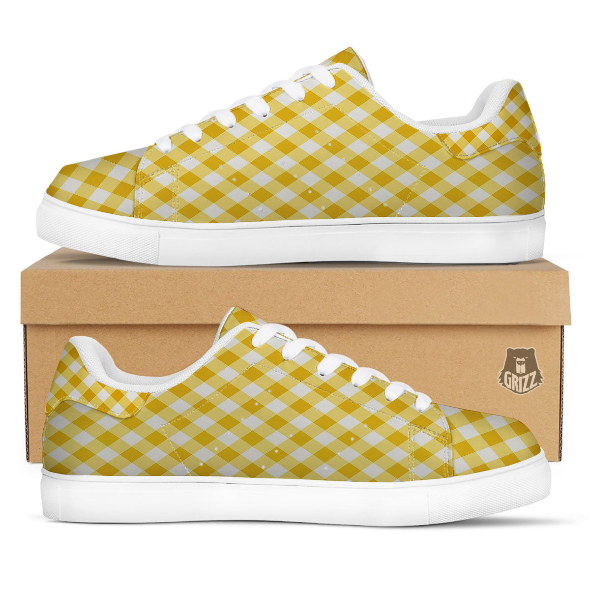 White Gingham And Yellow Honey Print White Low Top Sneakers-grizzshop
