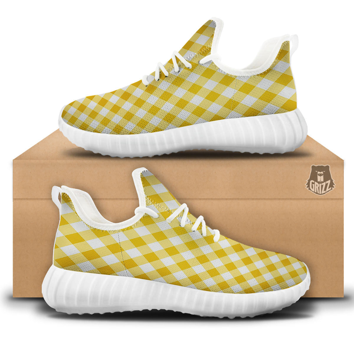 White Gingham And Yellow Honey Print White Walking Shoes-grizzshop
