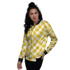 White Gingham And Yellow Honey Print Women's Bomber Jacket-grizzshop