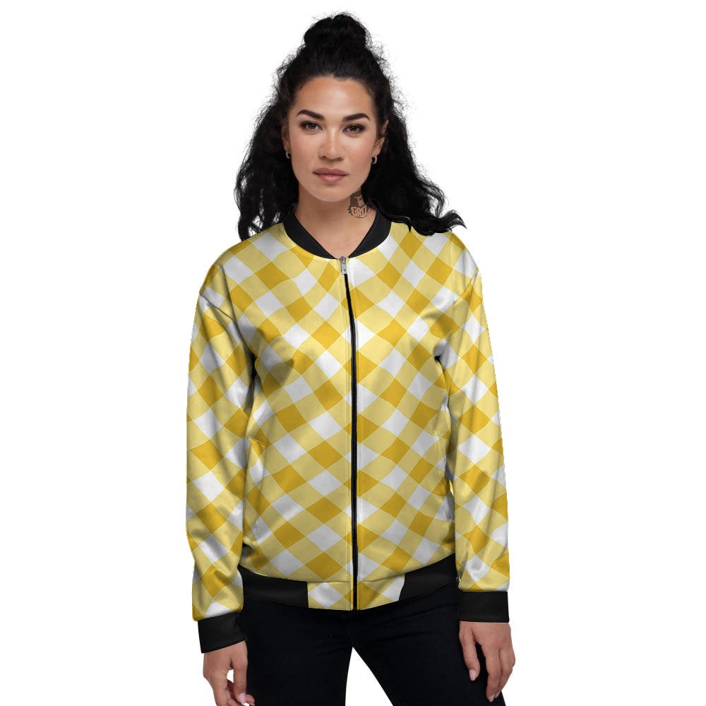 White Gingham And Yellow Honey Print Women's Bomber Jacket-grizzshop