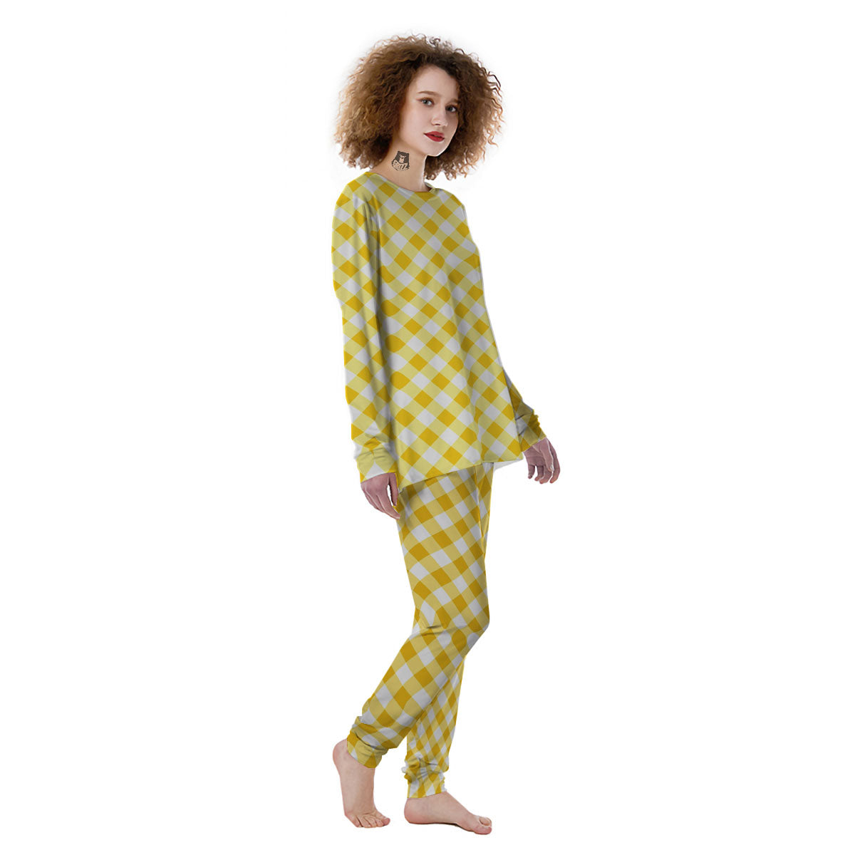 White Gingham And Yellow Honey Print Women's Pajamas-grizzshop