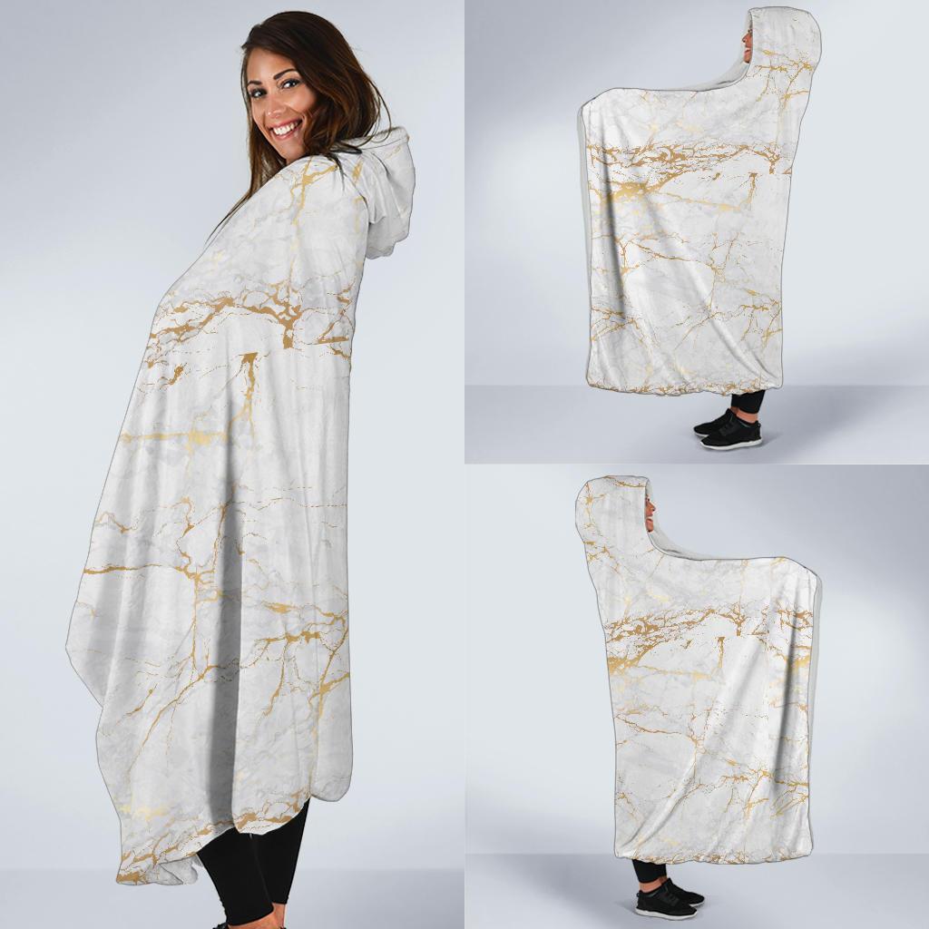 White Gold Marble Pattern Print Hooded Blanket-grizzshop