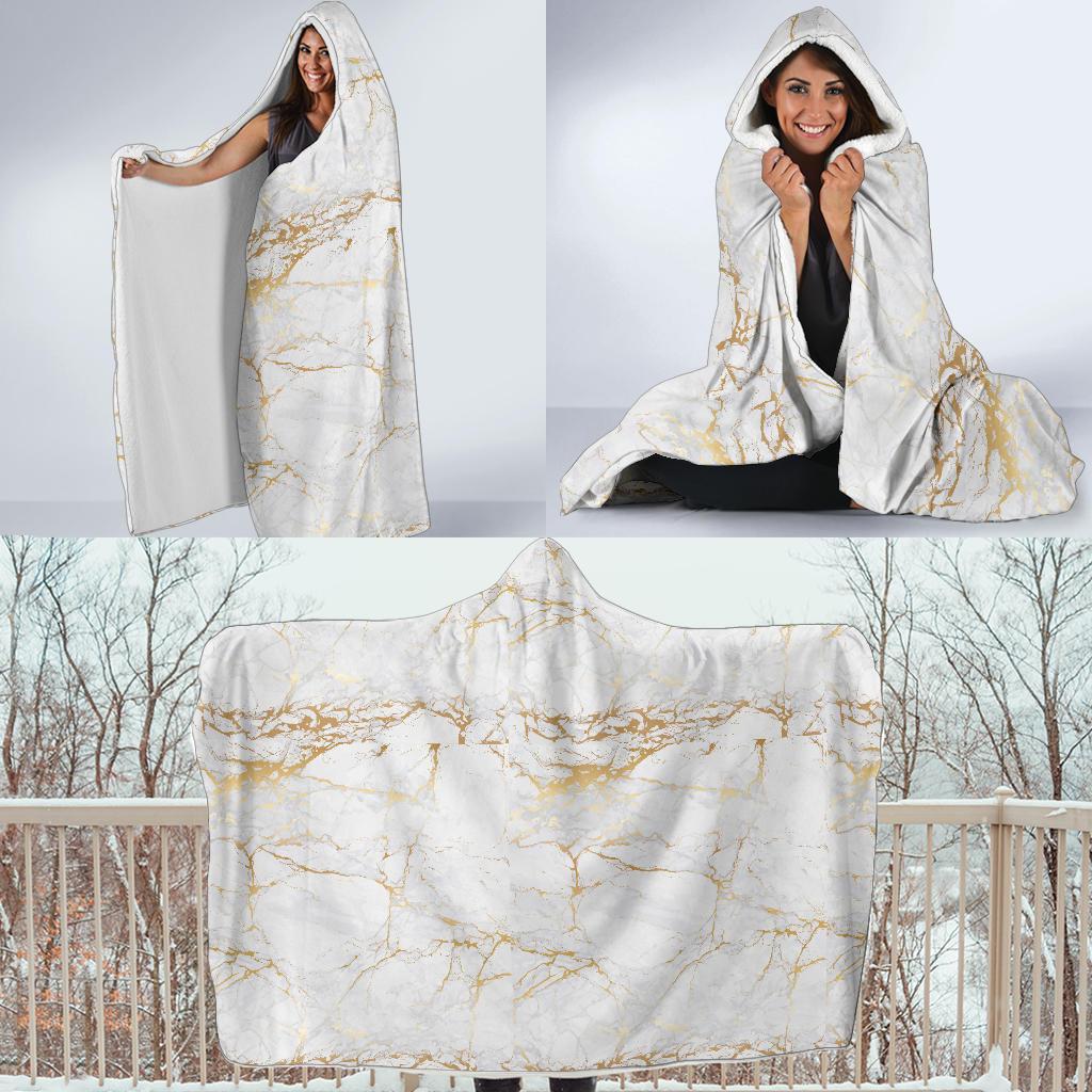 White Gold Marble Pattern Print Hooded Blanket-grizzshop