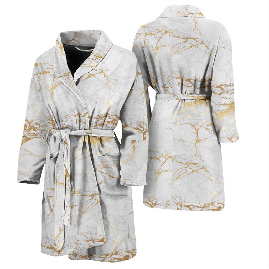 White Gold Marble Pattern Print Men Long Robe-grizzshop