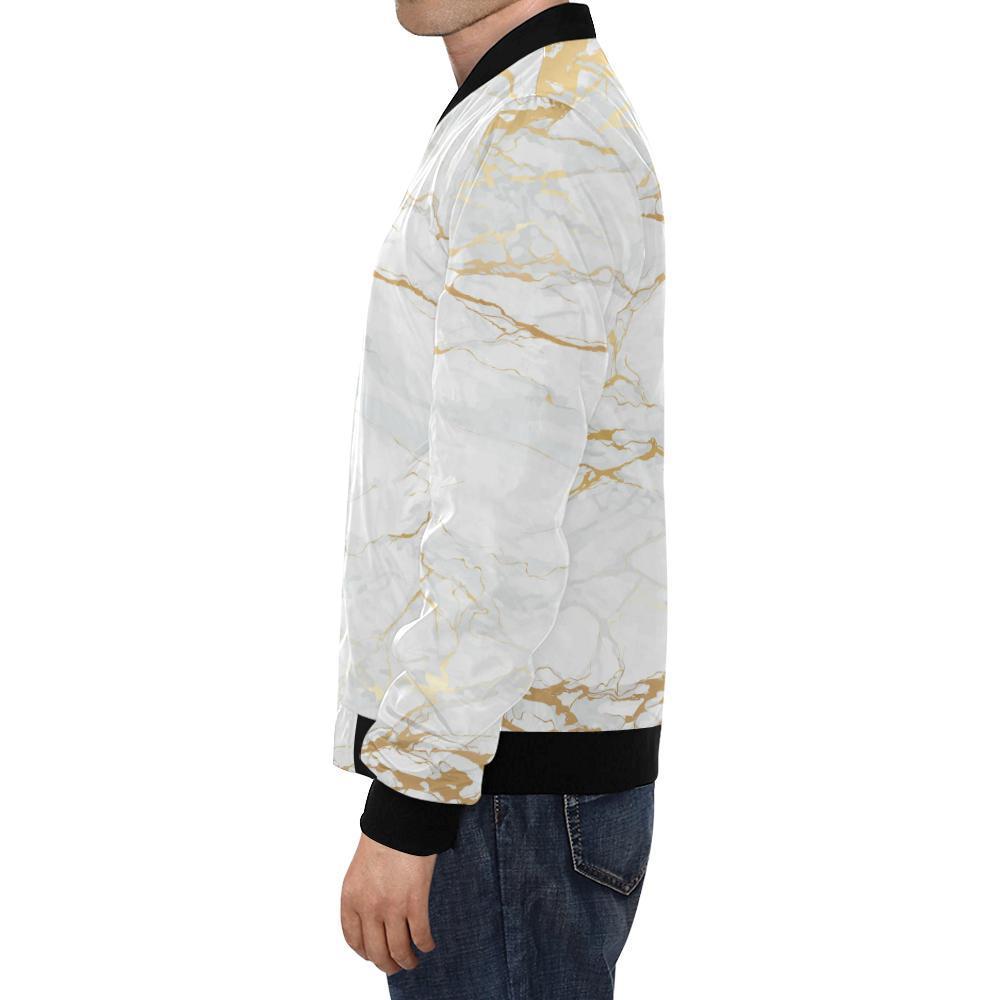 White Gold Marble Pattern Print Men's Bomber Jacket-grizzshop