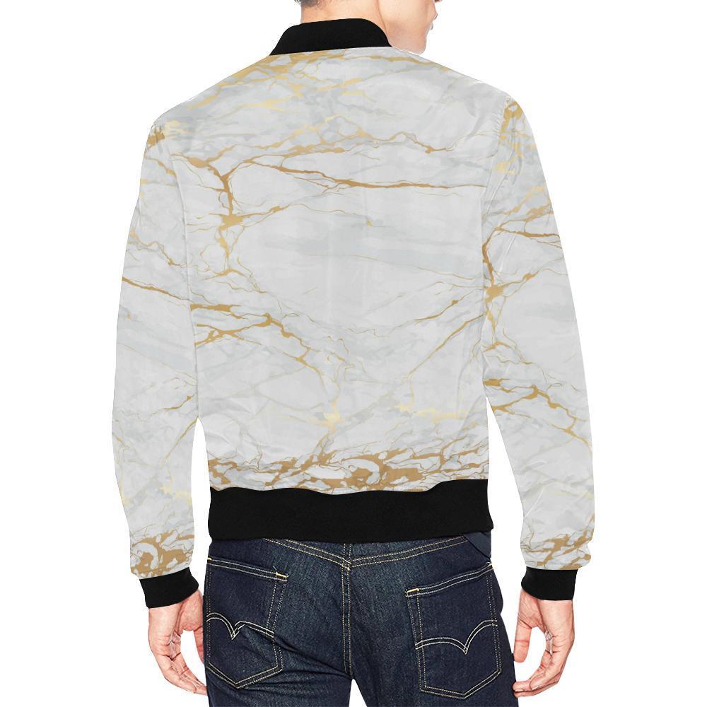 White Gold Marble Pattern Print Men's Bomber Jacket-grizzshop