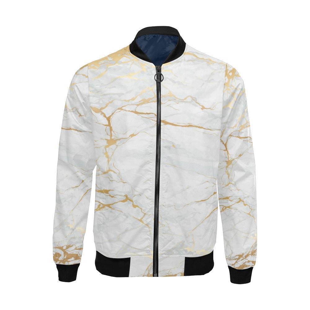 White Gold Marble Pattern Print Men's Bomber Jacket-grizzshop