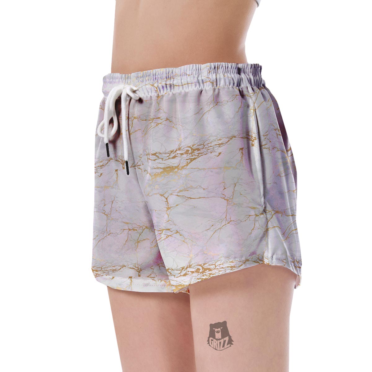 White Gold Marble Pattern Print Women's Shorts-grizzshop