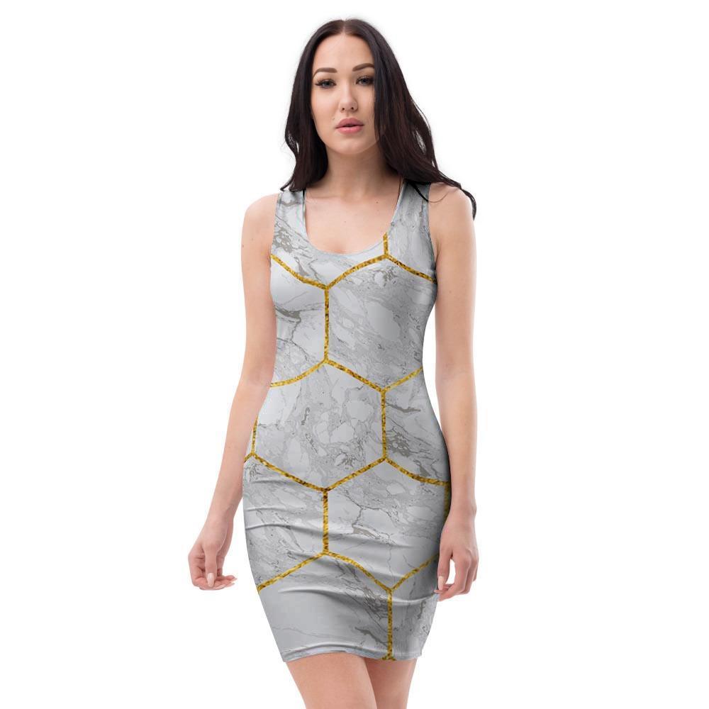 White Gold Tile Marble Bodycon Dress-grizzshop