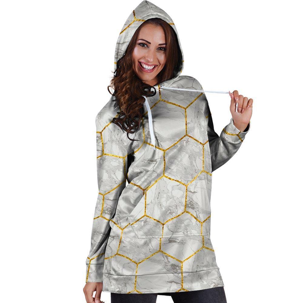 White Gold Tile Marble Hoodie Dress-grizzshop