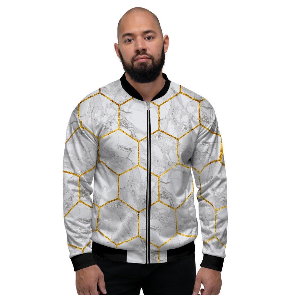 White Gold Tile Marble Men's Bomber Jacket-grizzshop