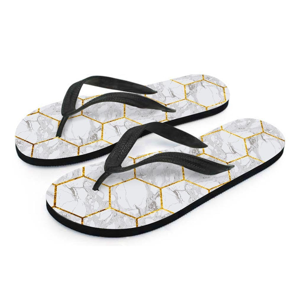 White Gold Tile Marble Men's Flip Flops-grizzshop