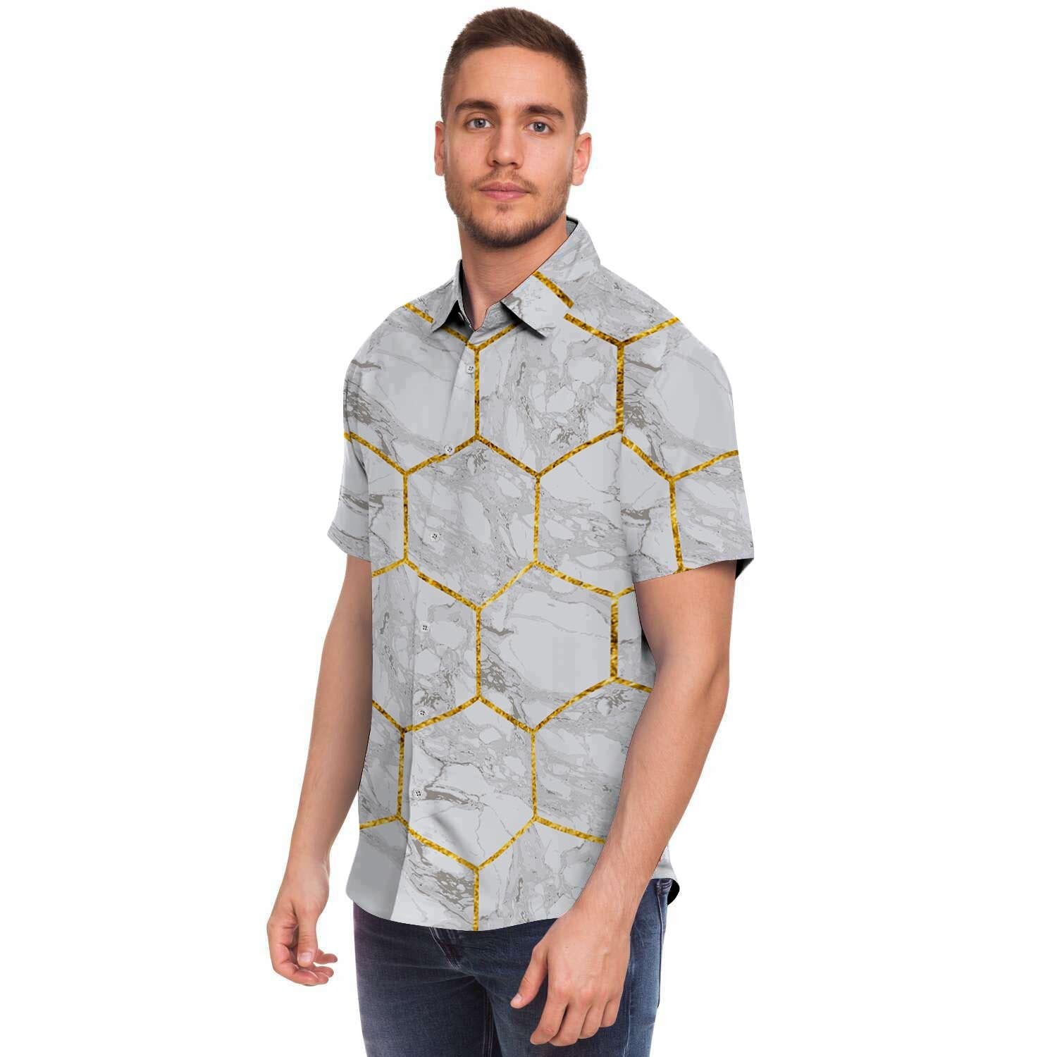 White Gold Tile Marble Men's Short Sleeve Shirt-grizzshop