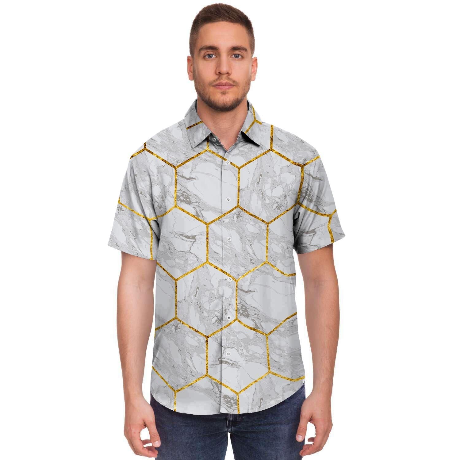 White Gold Tile Marble Men's Short Sleeve Shirt-grizzshop