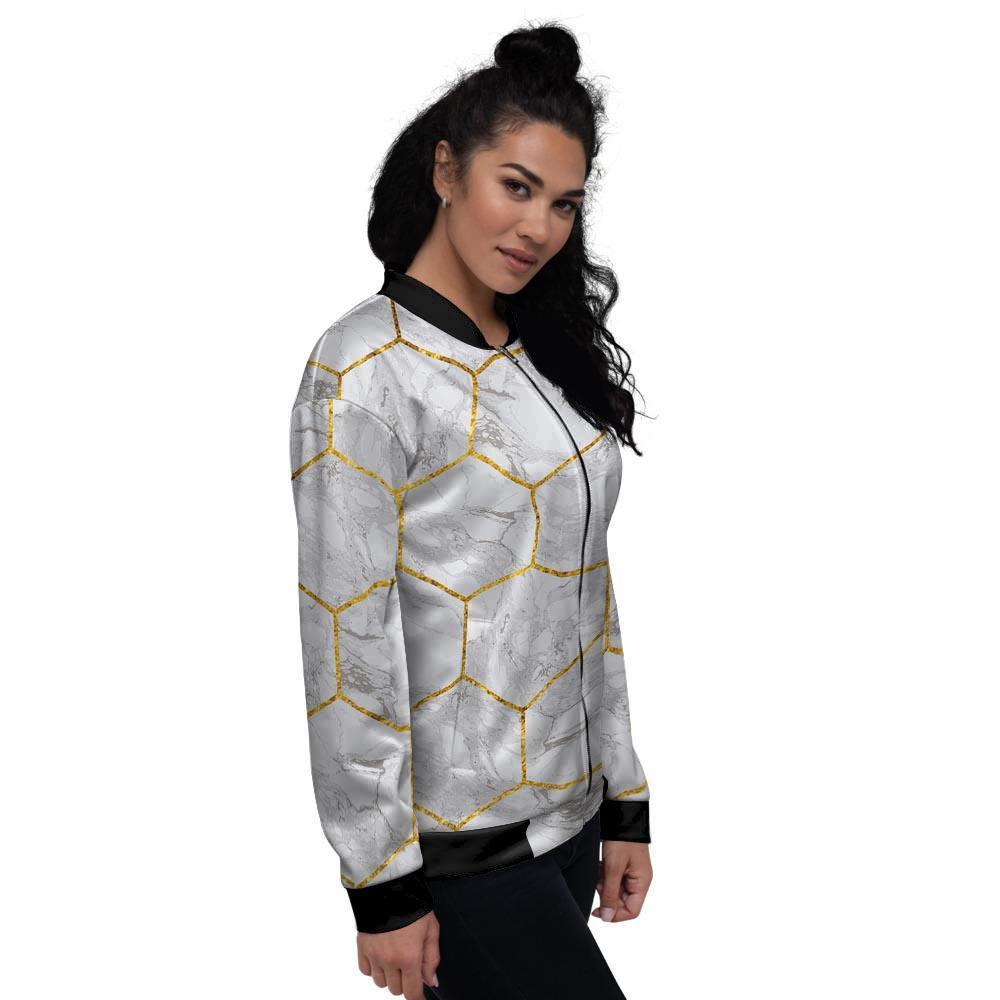 White Gold Tile Marble Women's Bomber Jacket-grizzshop