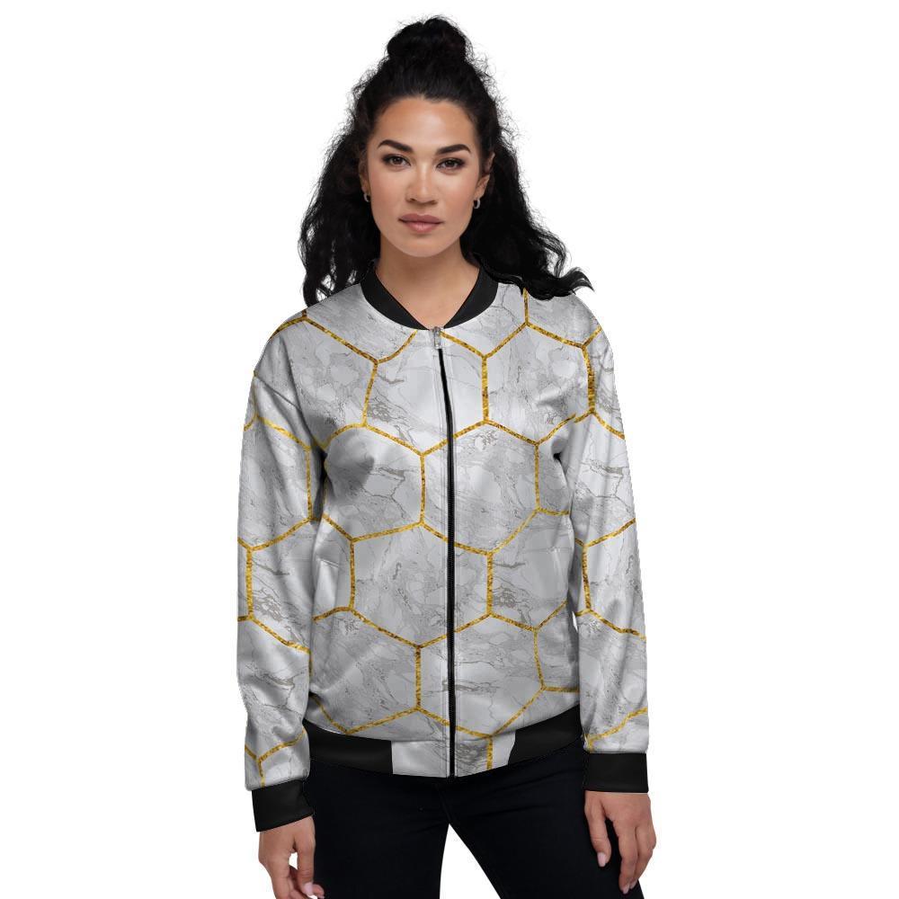 White Gold Tile Marble Women's Bomber Jacket-grizzshop