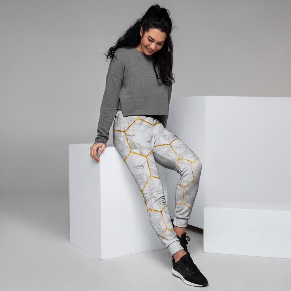 White Gold Tile Marble Women's Joggers-grizzshop