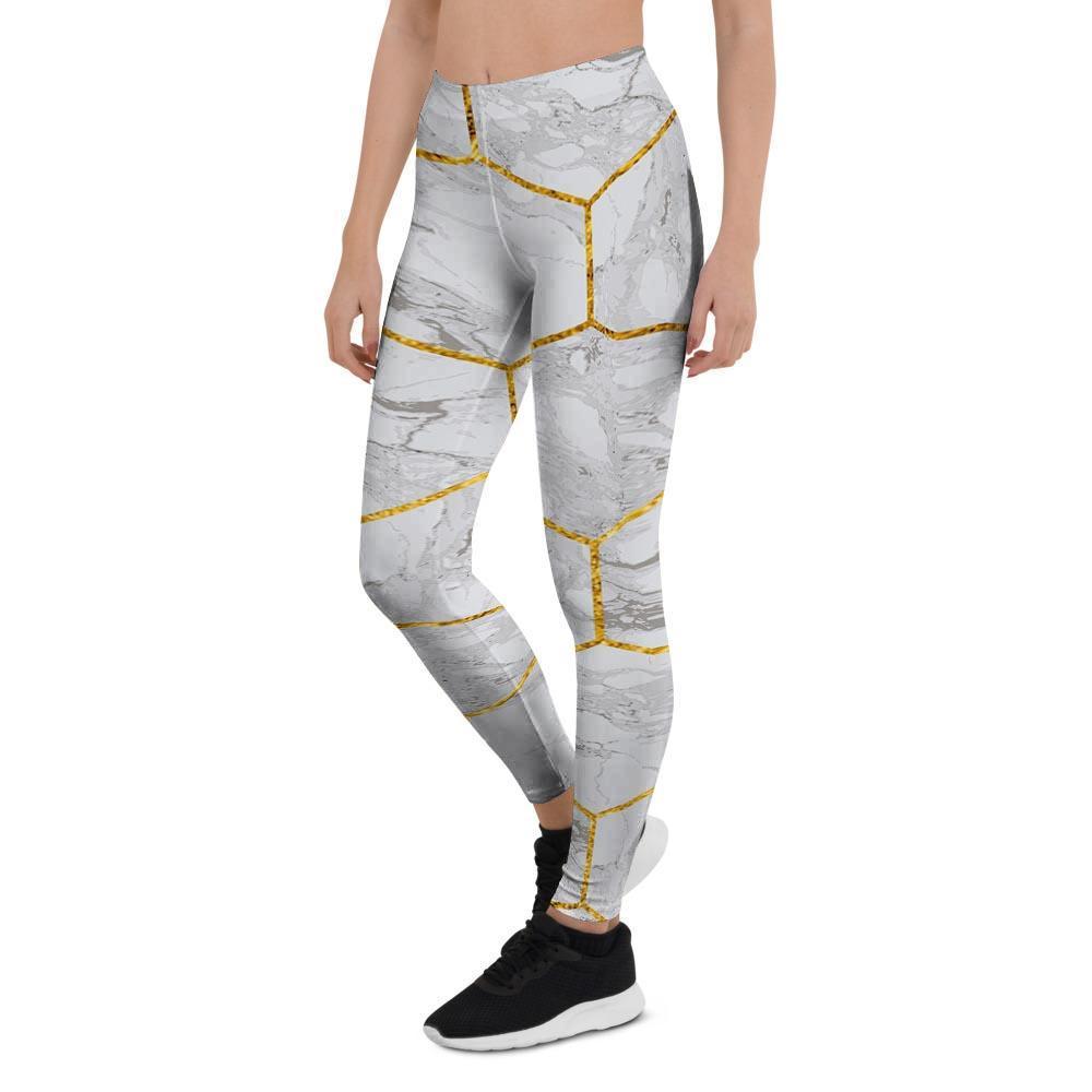 White Gold Tile Marble Women's Leggings-grizzshop