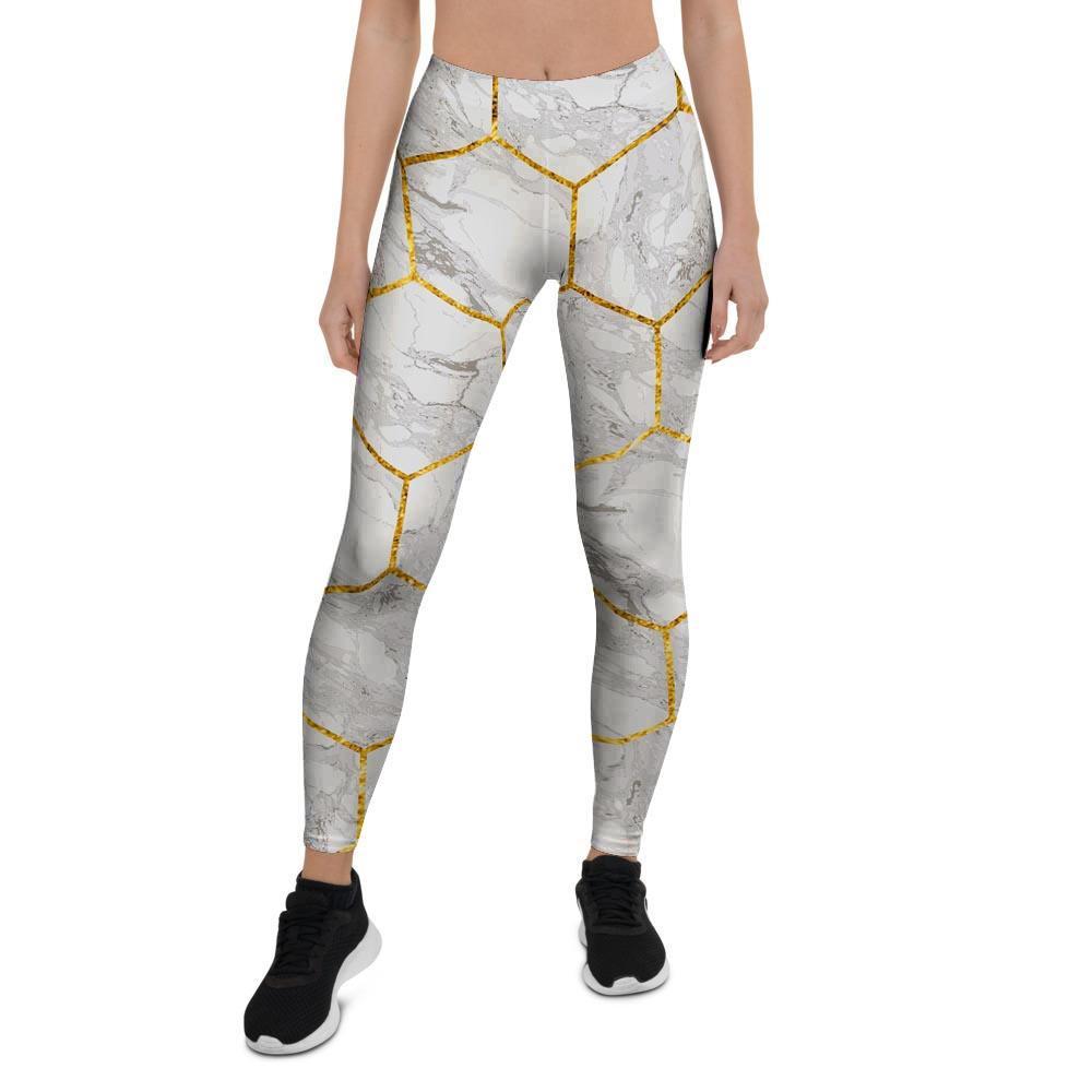 White Gold Tile Marble Women's Leggings-grizzshop