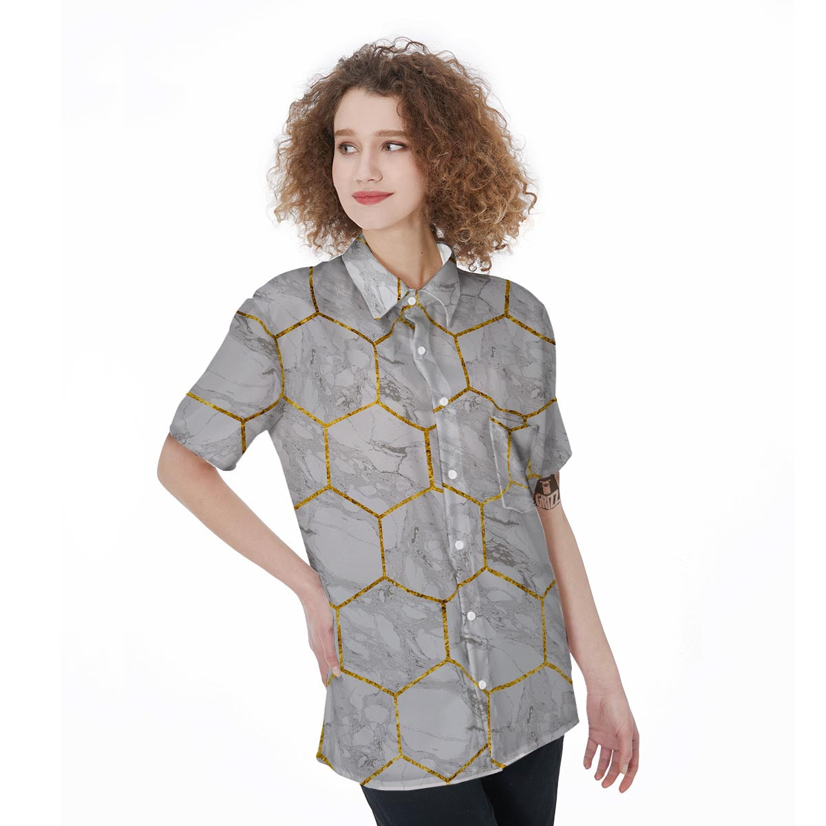 White Gold Tile Marble Women's Short Sleeve Shirts-grizzshop