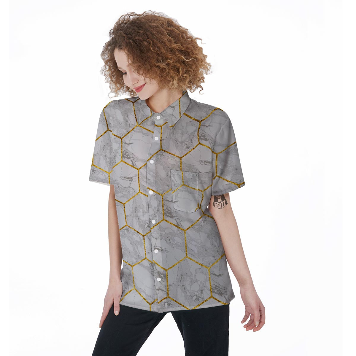 White Gold Tile Marble Women's Short Sleeve Shirts-grizzshop