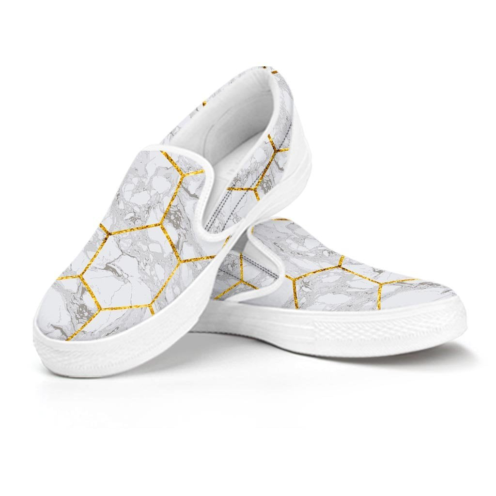 White Gold Tile Marble Women's Slip On Sneakers-grizzshop