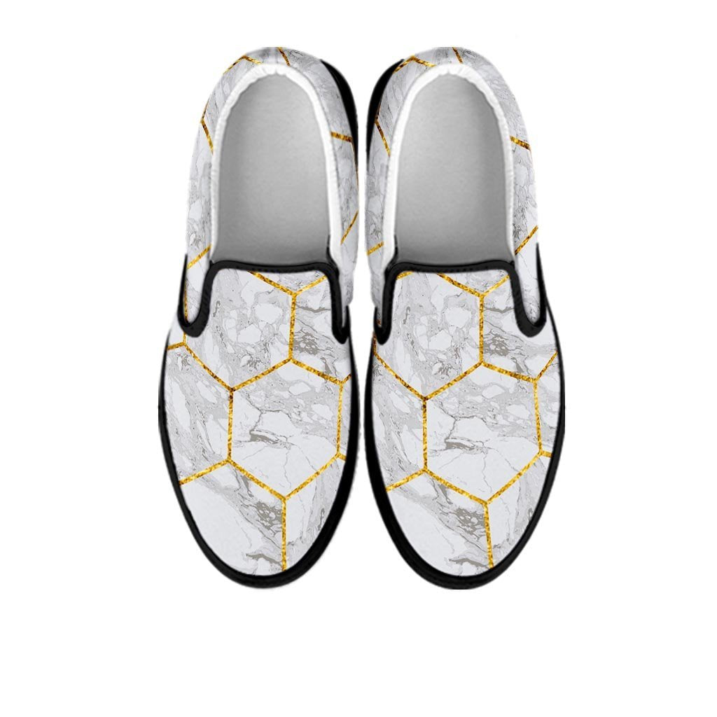 White Gold Tile Marble Women's Slip On Sneakers-grizzshop