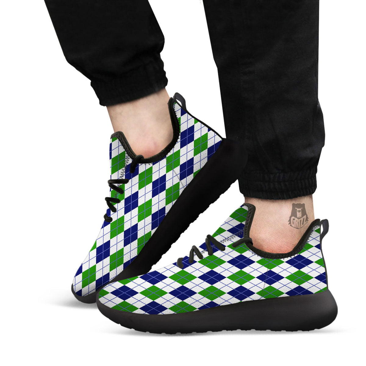 White Green And Navy Argyle Print Black Athletic Shoes-grizzshop