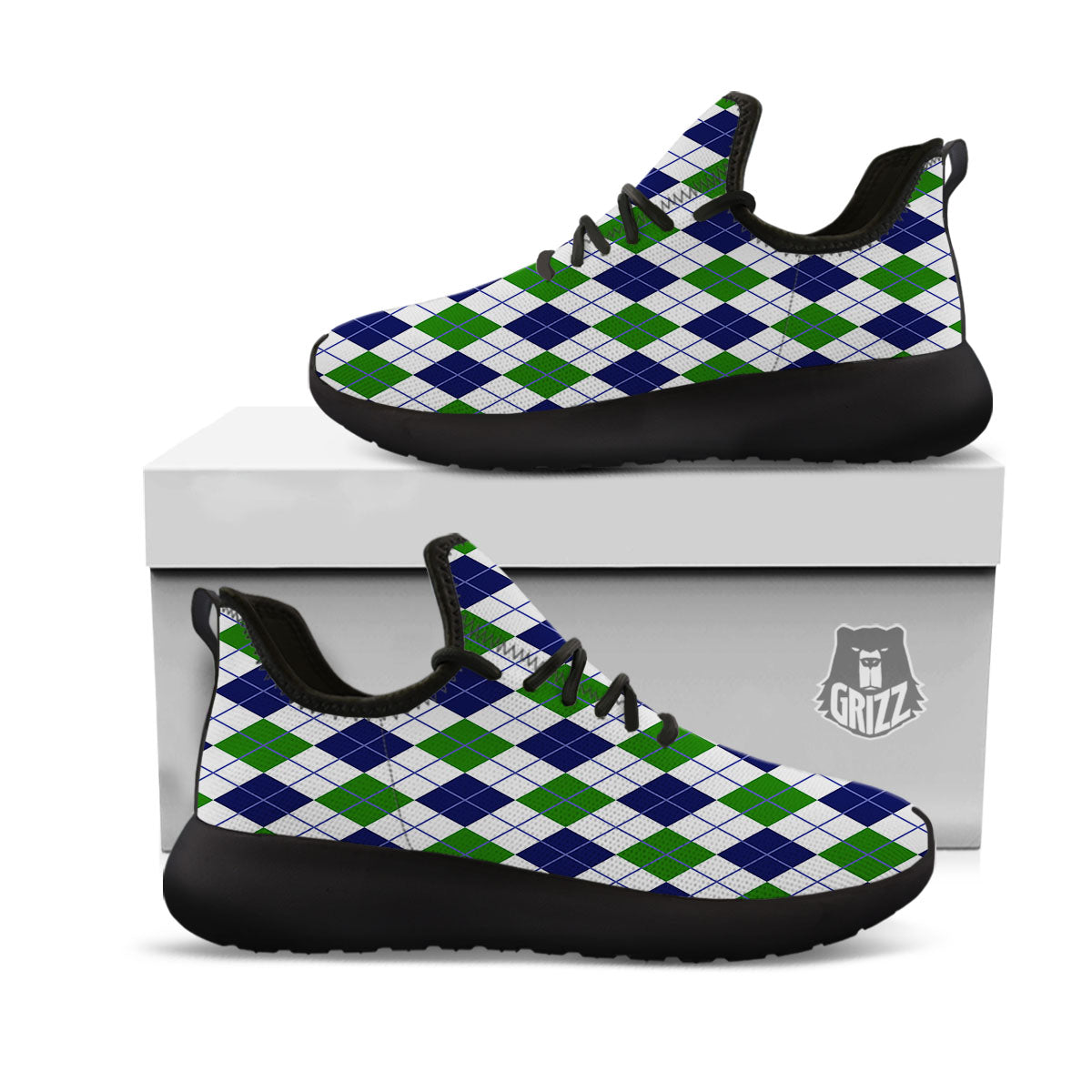 White Green And Navy Argyle Print Black Athletic Shoes-grizzshop