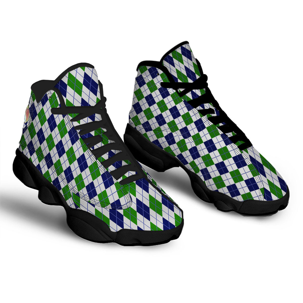 White Green And Navy Argyle Print Black Basketball Shoes-grizzshop