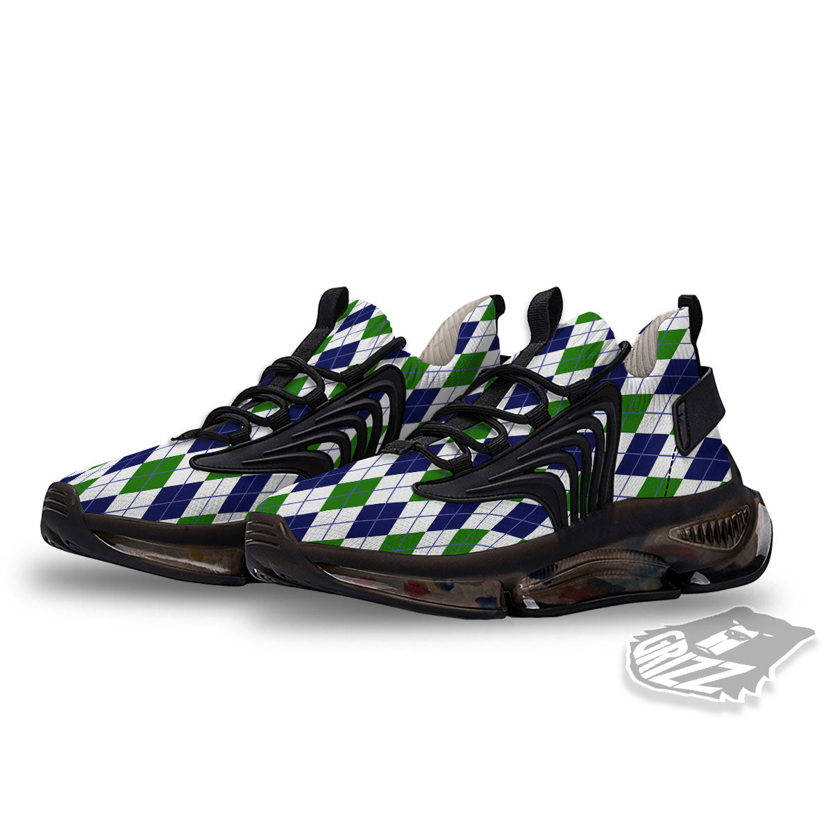 White Green And Navy Argyle Print Black Gym Shoes-grizzshop
