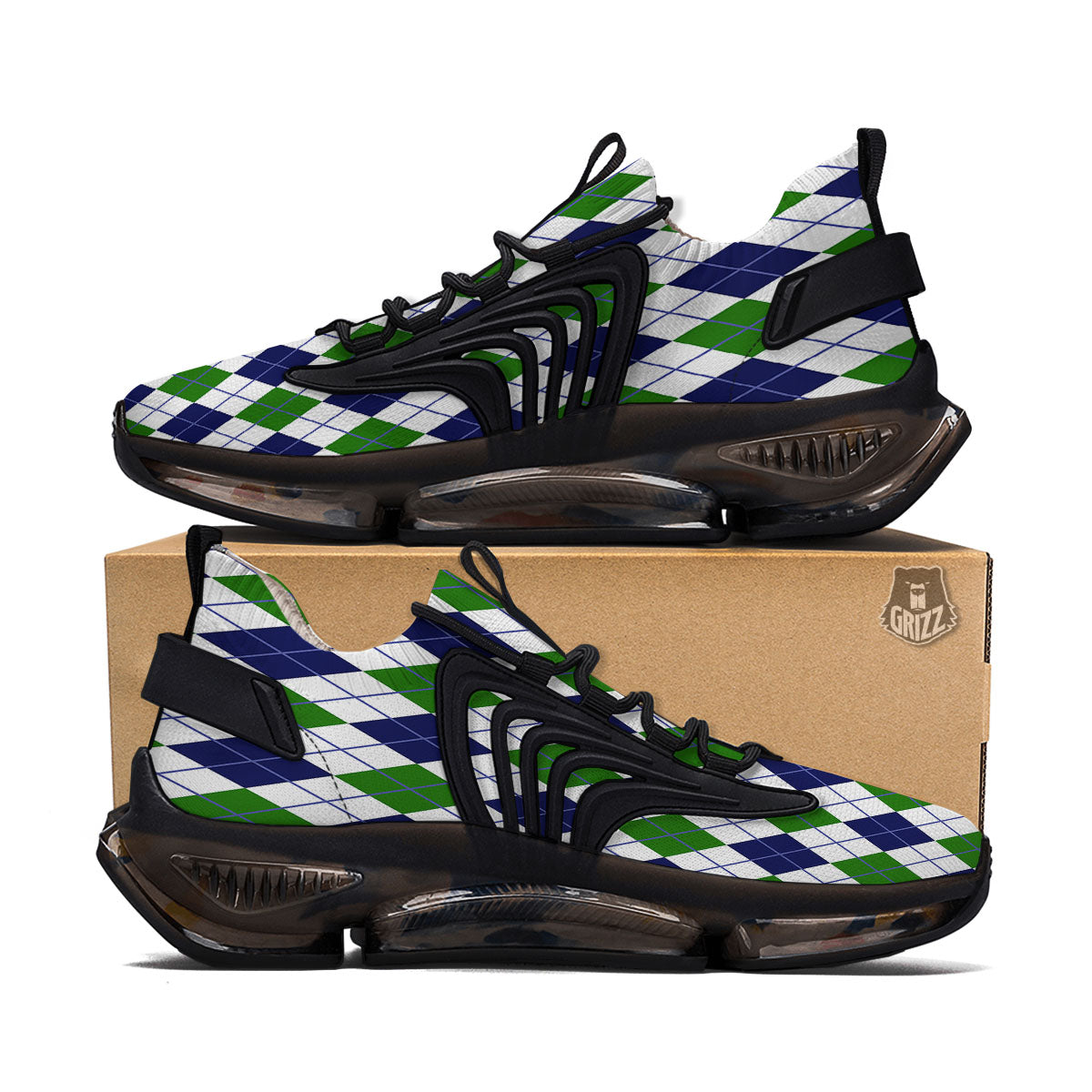 White Green And Navy Argyle Print Black Gym Shoes-grizzshop