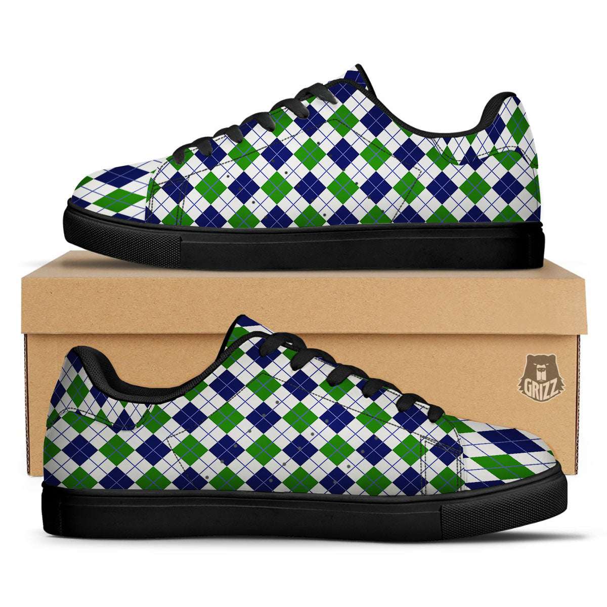 White Green And Navy Argyle Print Black Low Top Sneakers-grizzshop