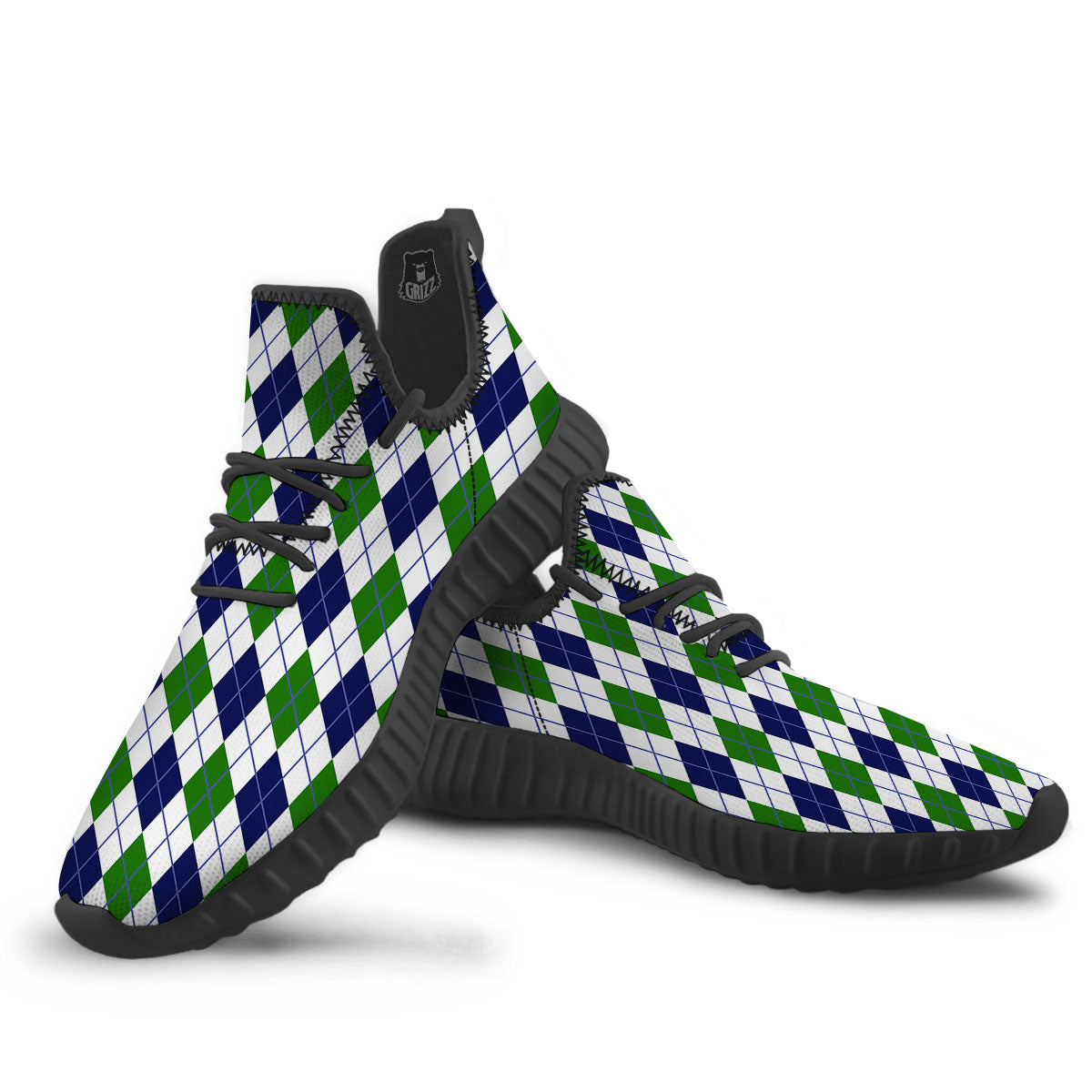 White Green And Navy Argyle Print Black Walking Shoes-grizzshop