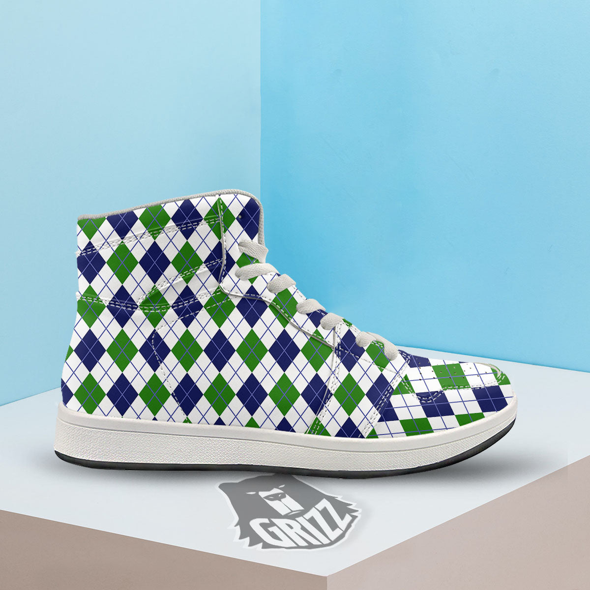 White Green And Navy Argyle Print High Top Sneakers-grizzshop