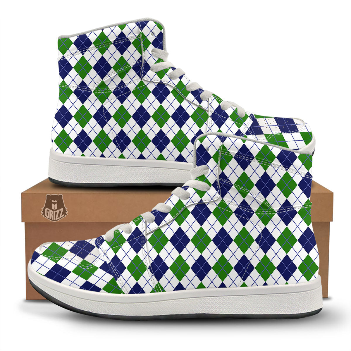 White Green And Navy Argyle Print High Top Sneakers-grizzshop