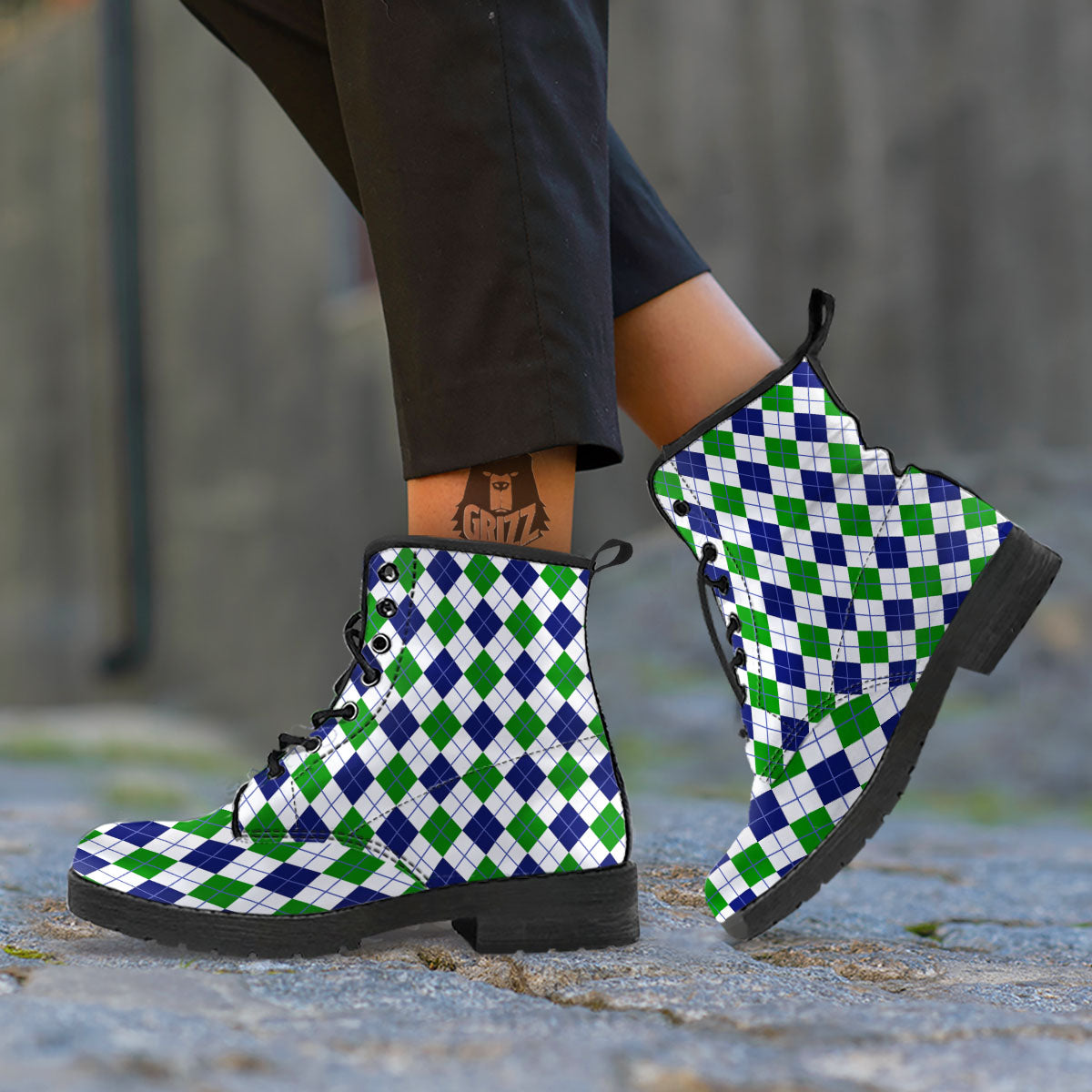 White Green And Navy Argyle Print Leather Boots-grizzshop