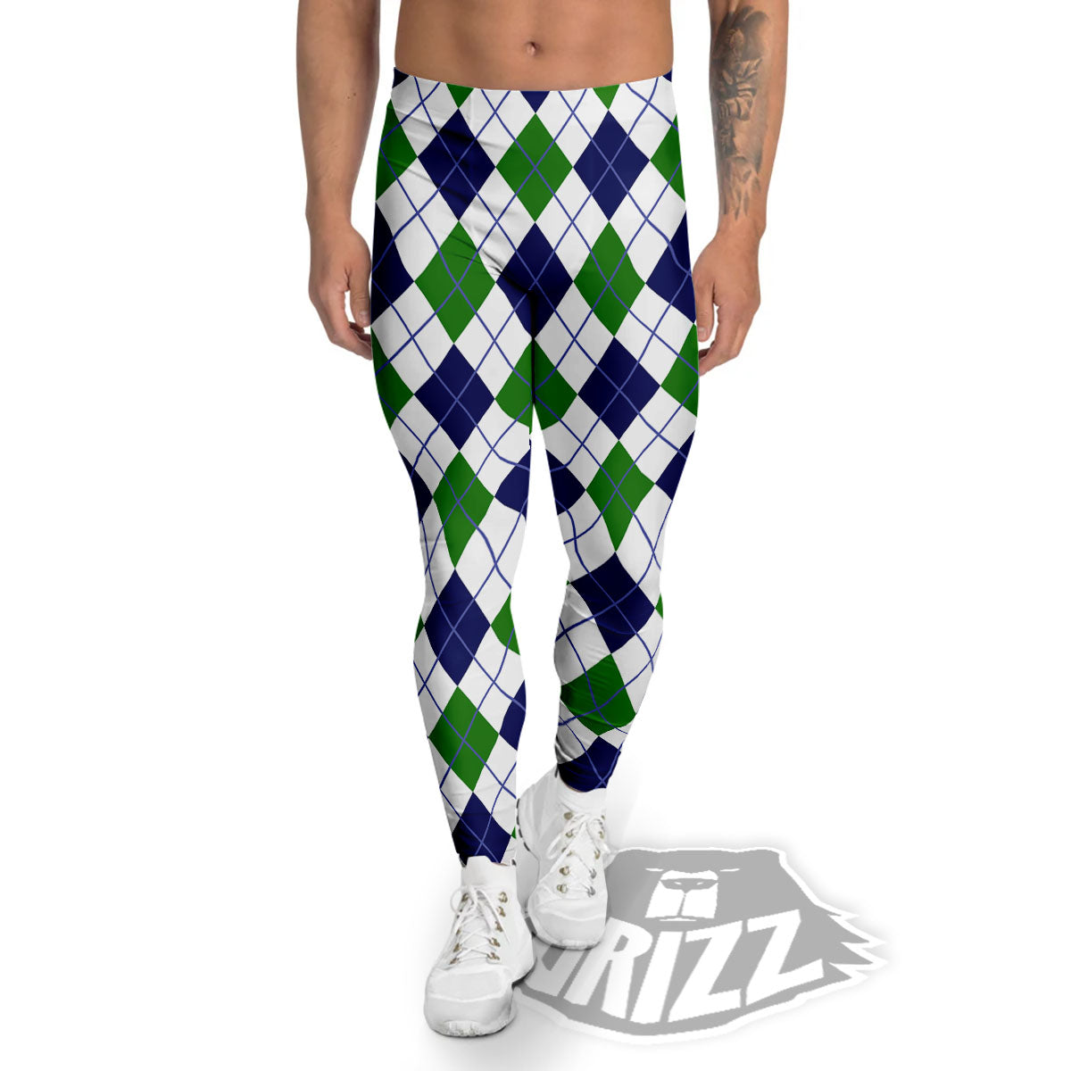 White Green And Navy Argyle Print Men's Leggings-grizzshop