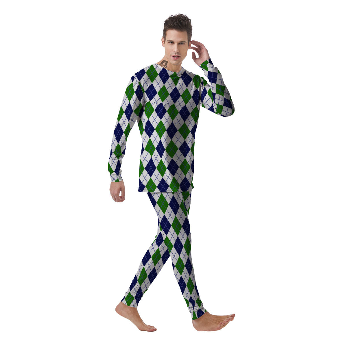 White Green And Navy Argyle Print Men's Pajamas-grizzshop