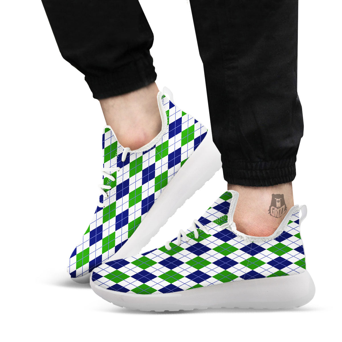 White Green And Navy Argyle Print White Athletic Shoes-grizzshop