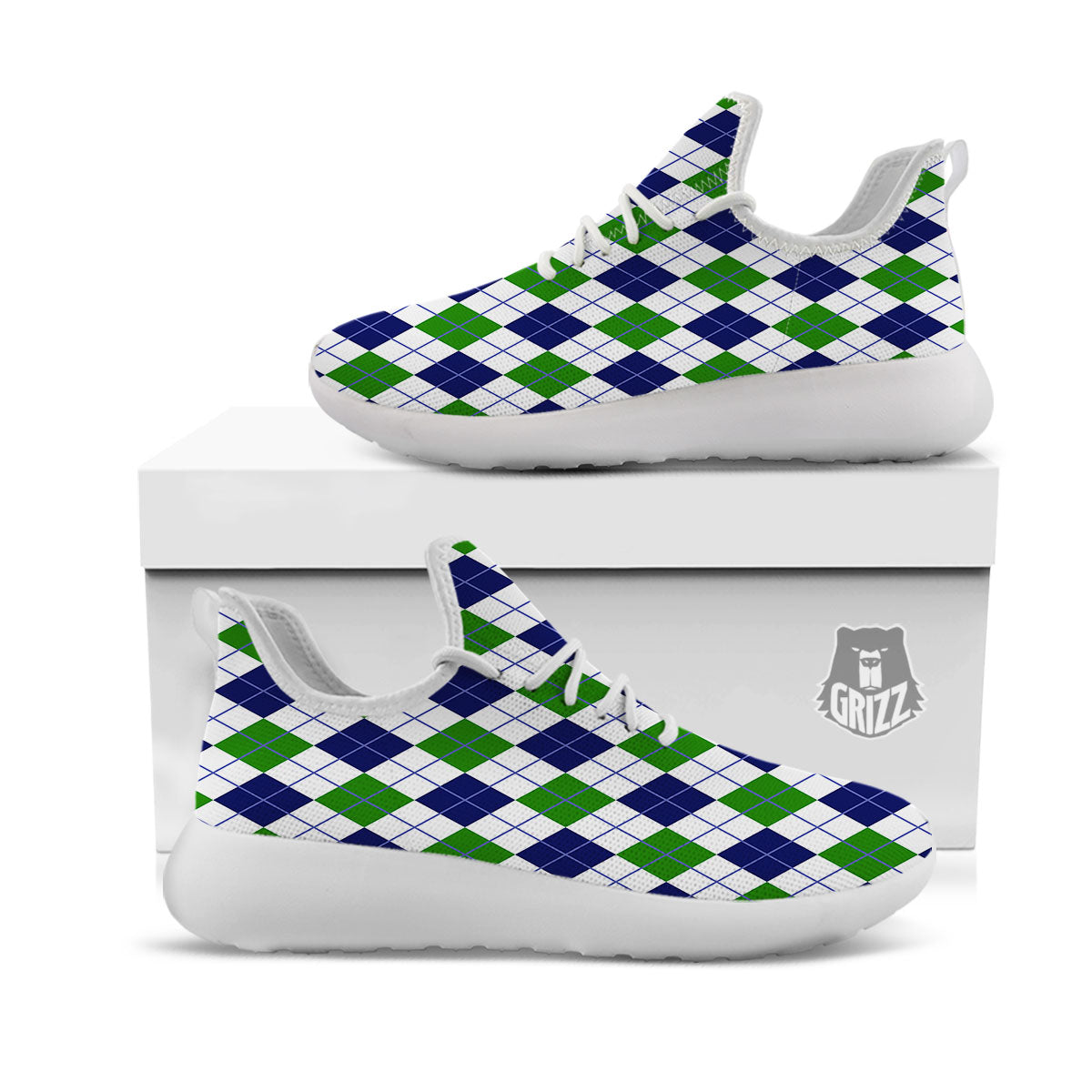 White Green And Navy Argyle Print White Athletic Shoes-grizzshop