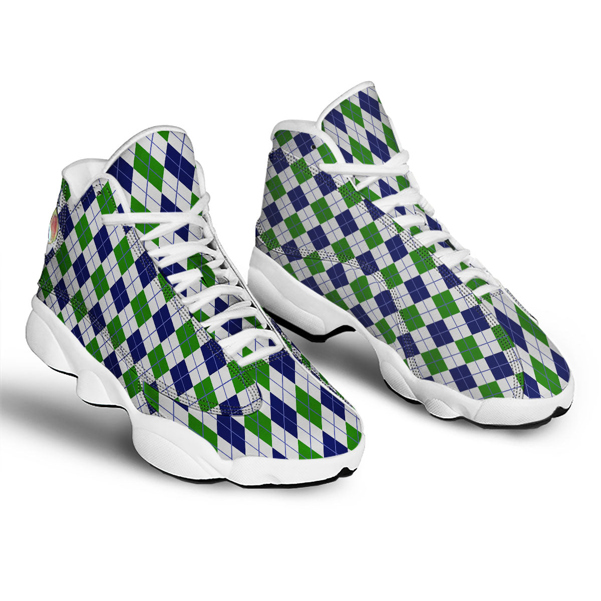 White Green And Navy Argyle Print White Basketball Shoes-grizzshop