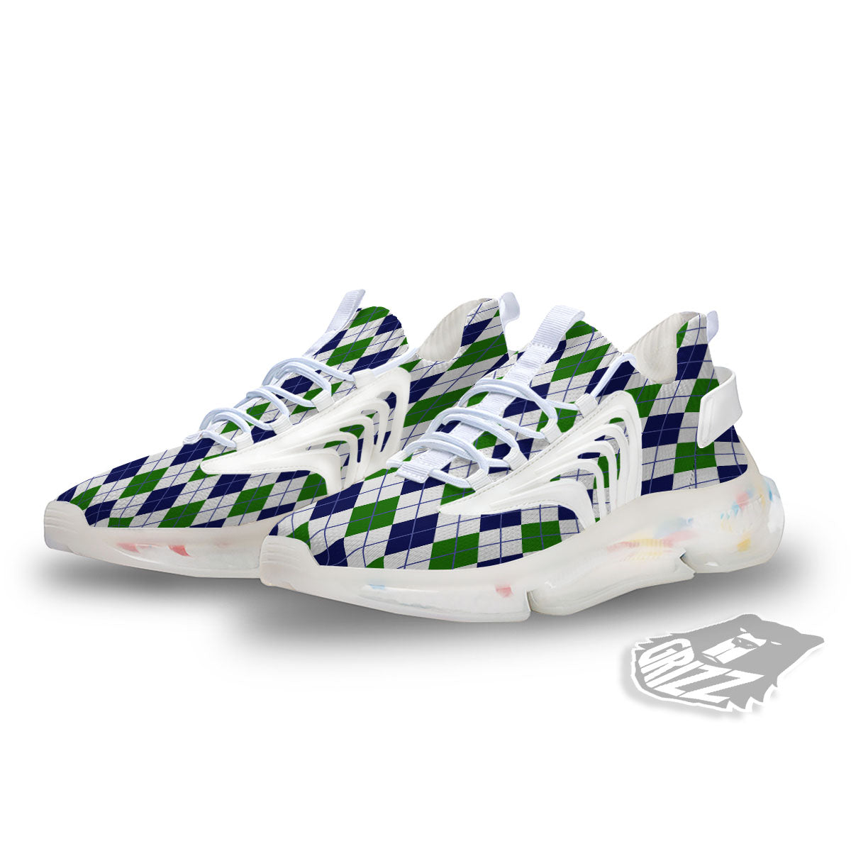 White Green And Navy Argyle Print White Gym Shoes-grizzshop