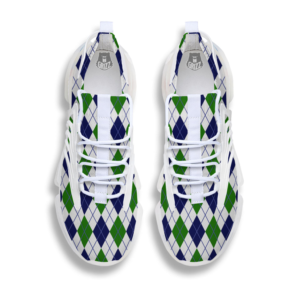 White Green And Navy Argyle Print White Gym Shoes-grizzshop