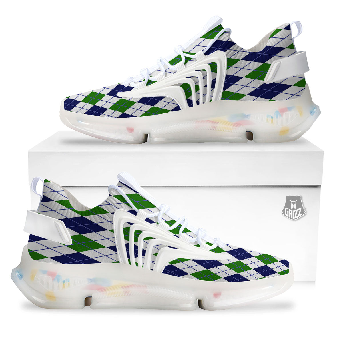 White Green And Navy Argyle Print White Gym Shoes-grizzshop