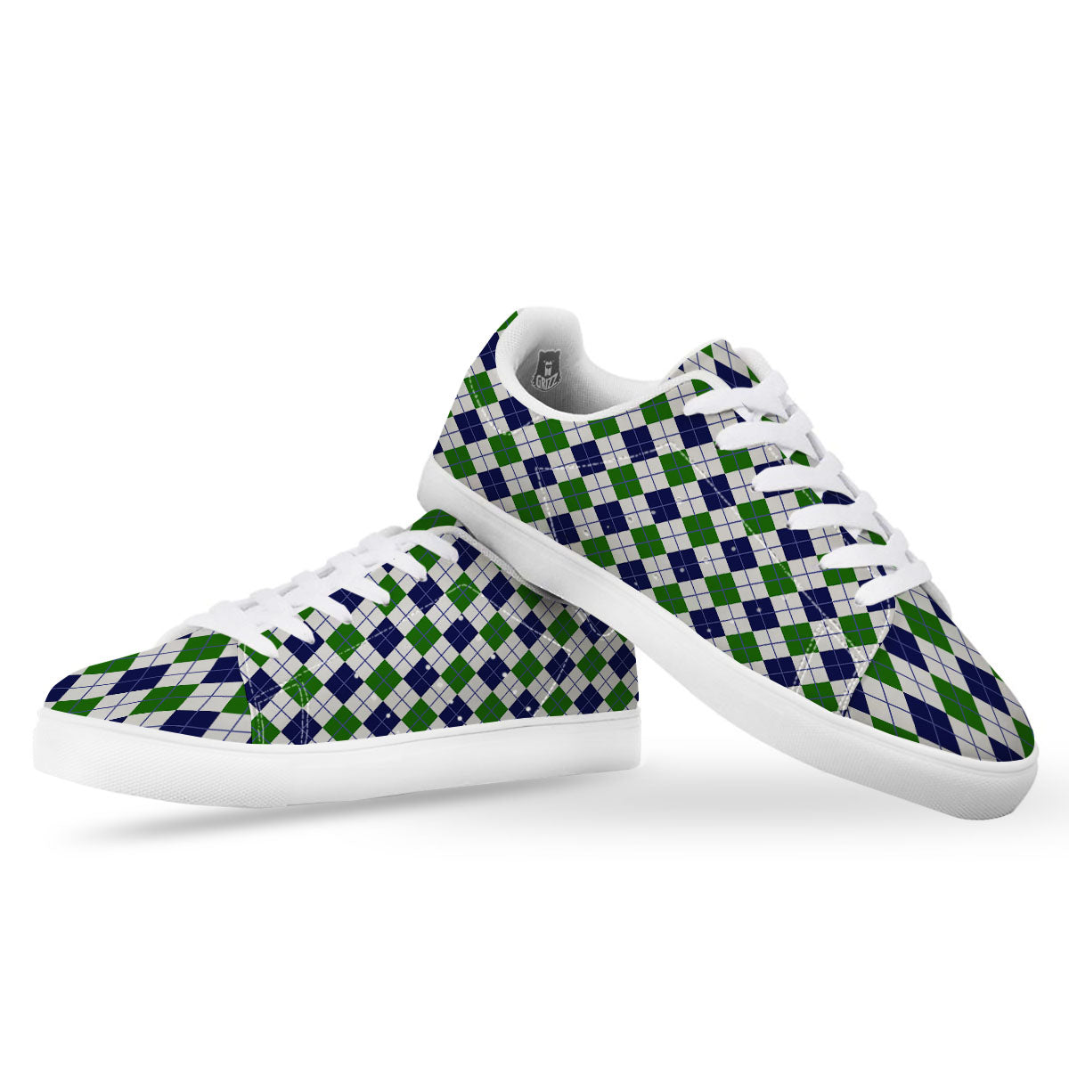 White Green And Navy Argyle Print White Low Top Sneakers-grizzshop