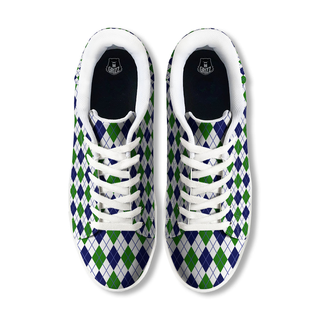 White Green And Navy Argyle Print White Low Top Sneakers-grizzshop