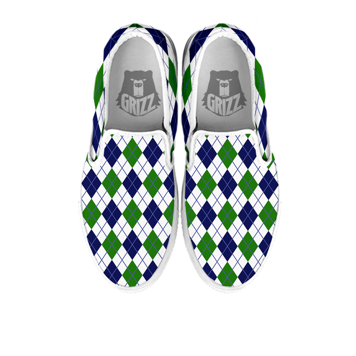 White Green And Navy Argyle Print White Slip On Shoes-grizzshop